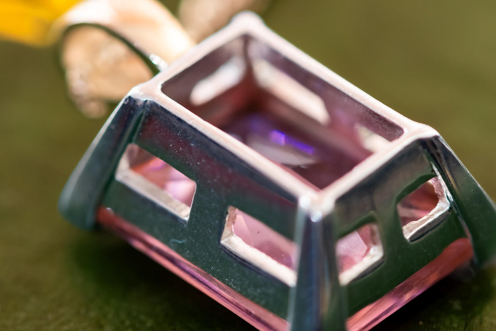 Sterling Silver Emerald Cut Pink Topaz Pendant Necklace. Dark Academia Statement Jewelry.