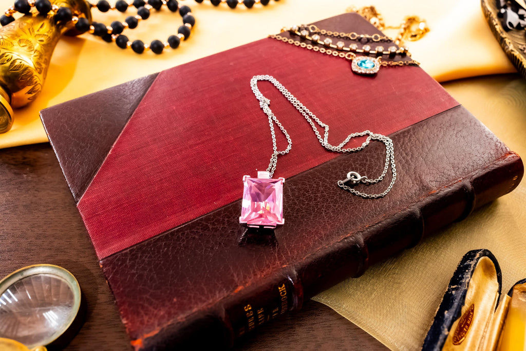 Sterling Silver Emerald Cut Pink Topaz Pendant Necklace. Dark Academia Statement Jewelry.