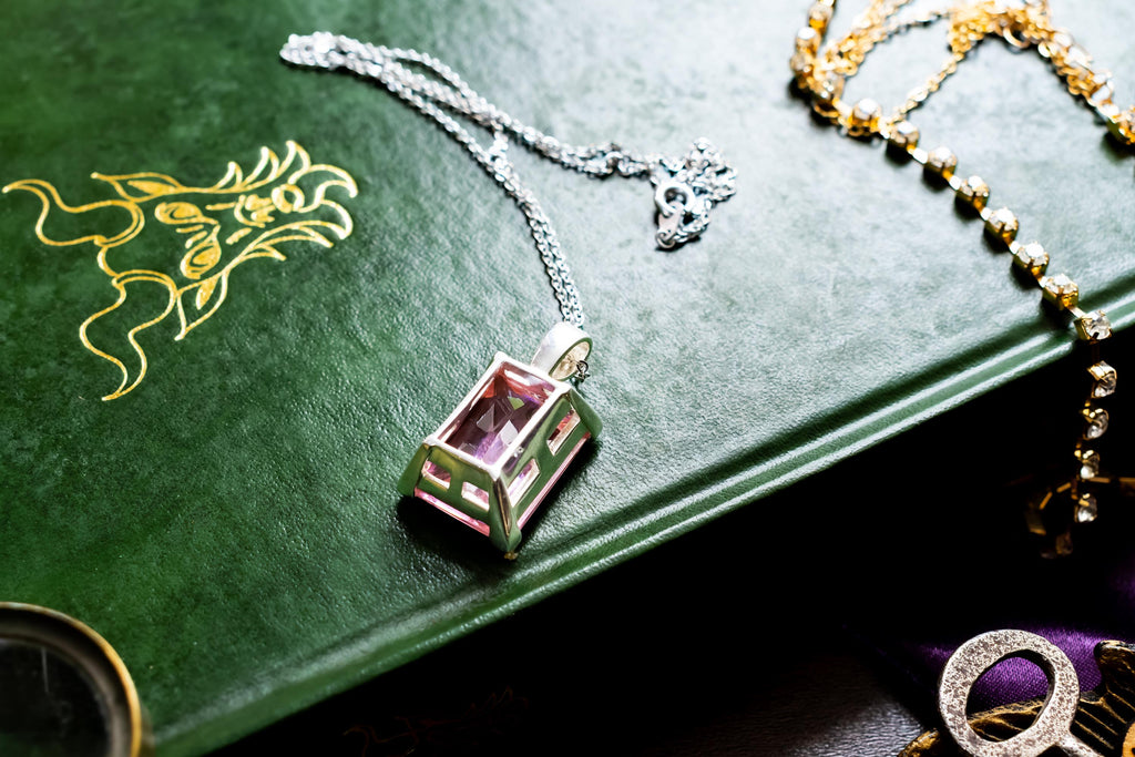 Sterling Silver Emerald Cut Pink Topaz Pendant Necklace. Dark Academia Statement Jewelry.