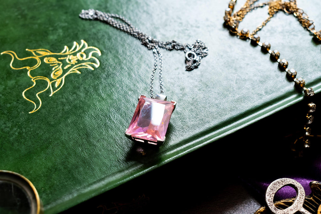 Sterling Silver Emerald Cut Pink Topaz Pendant Necklace. Dark Academia Statement Jewelry.