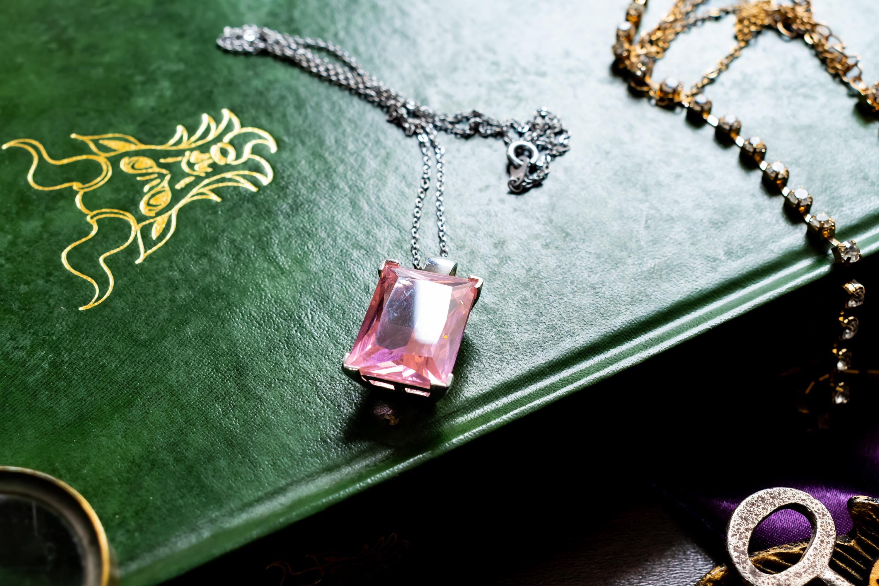 Sterling Silver Emerald Cut Pink Topaz Pendant Necklace. Dark Academia Statement Jewelry.