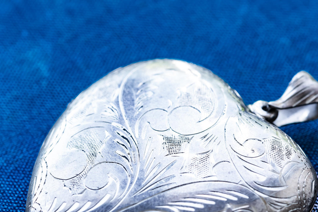 Sterling Silver Heart Locket, 1993 Birmingham Engraved Pendant, 2x2 Inch Statement Necklace