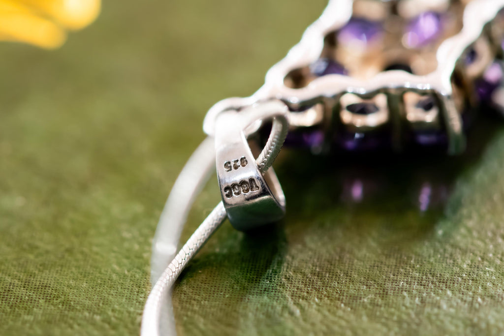 Vintage Sterling Silver Amethyst Cluster Pendant. Geometric Amulet Snake Chain.
