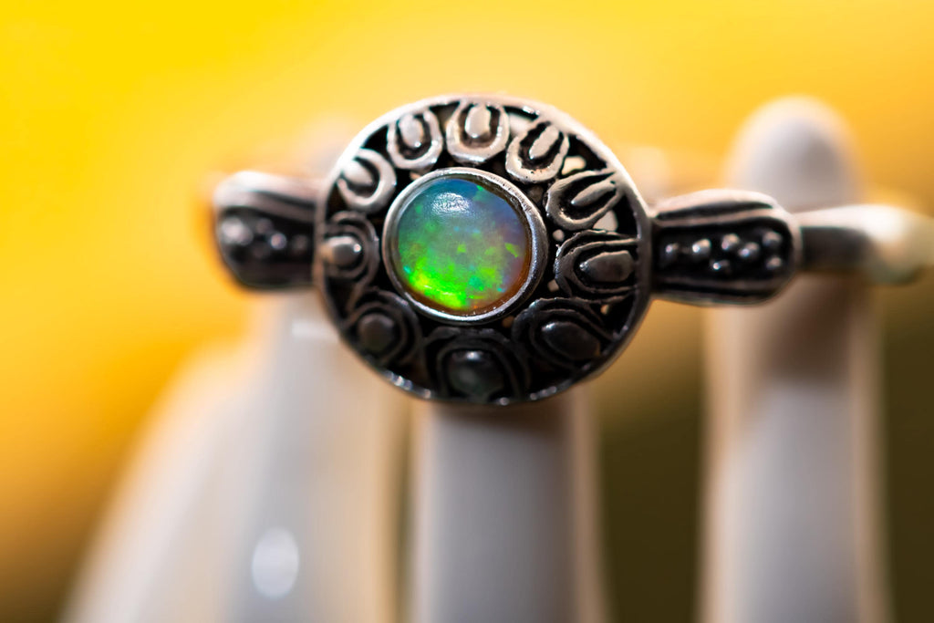 925 Sterling Silver Opal Ring | Green Fire Crescent Moon Cabochon | Shadow and Silver Vault