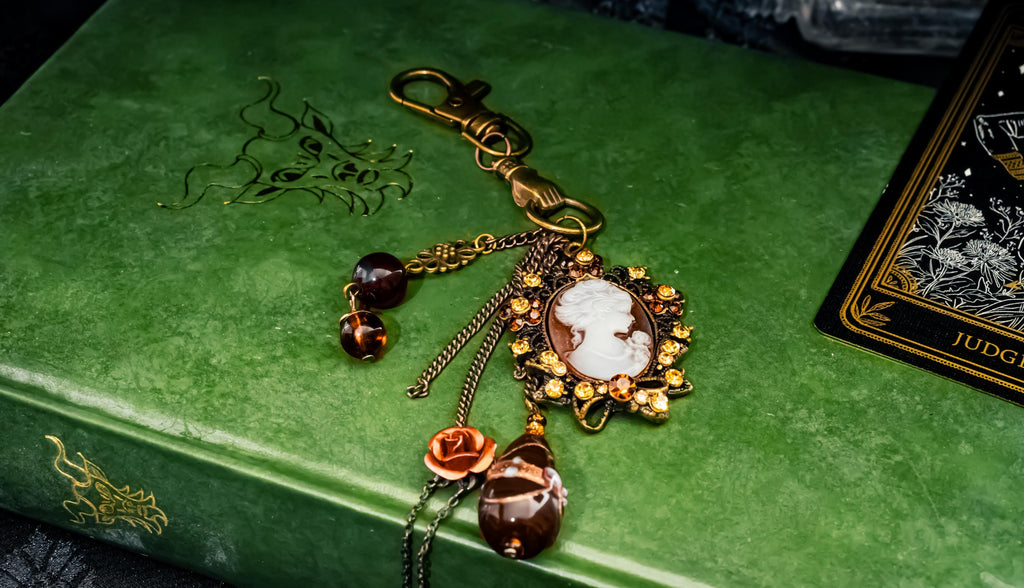 Bronze Cameo Journal Clip. Victorian Gothic Bag Charm, Rose Pendant Accessory.