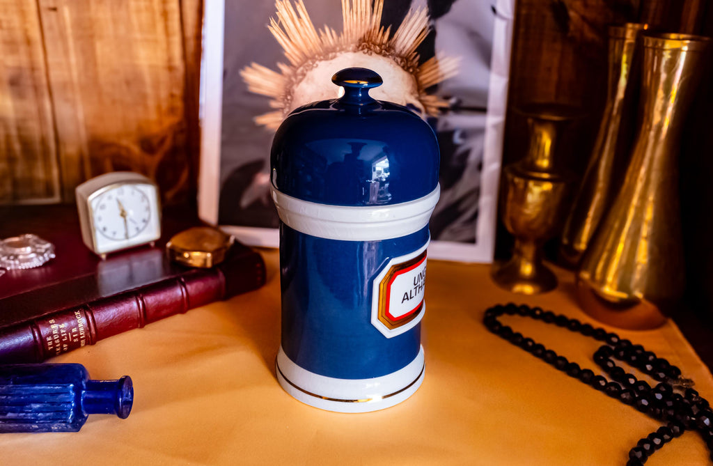 Chaldean Ltd Porcelain Apothecary Jar, Gladstone Pottery Museum, Antique Cobalt Pharmacy Canister, The Alchemist Shelf.