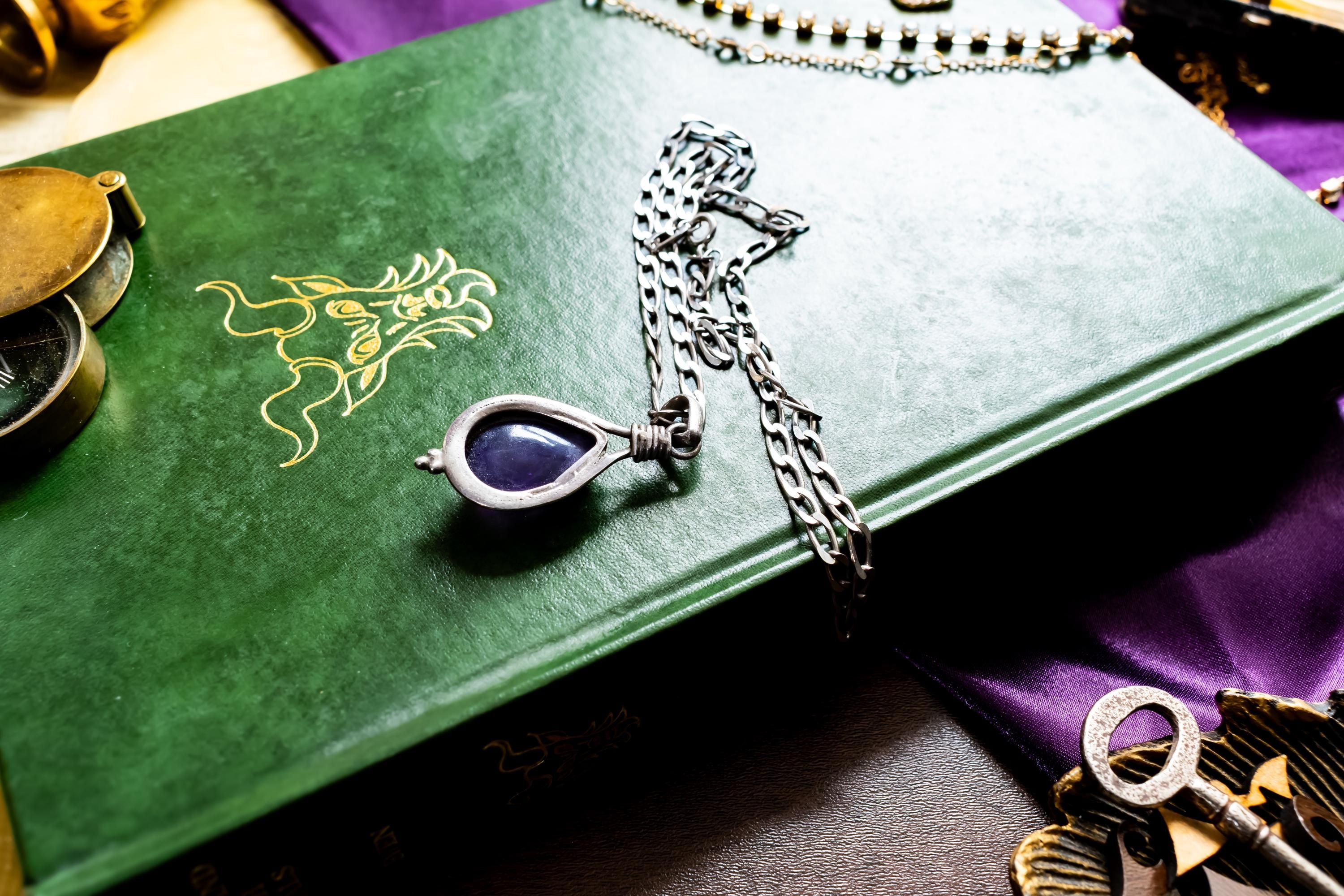 Sterling Silver Amethyst Teardrop Necklace, Wire-Wrapped Gemstone Amulet, Dark Academia Jewelry.