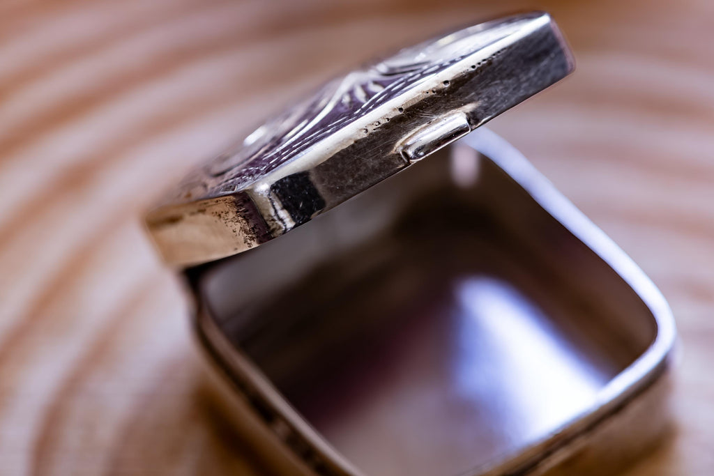 Miniature Silver Pill Box. 1x1 Engraved Botanical Pocket Curio, Victorian Apothecary Trinket.