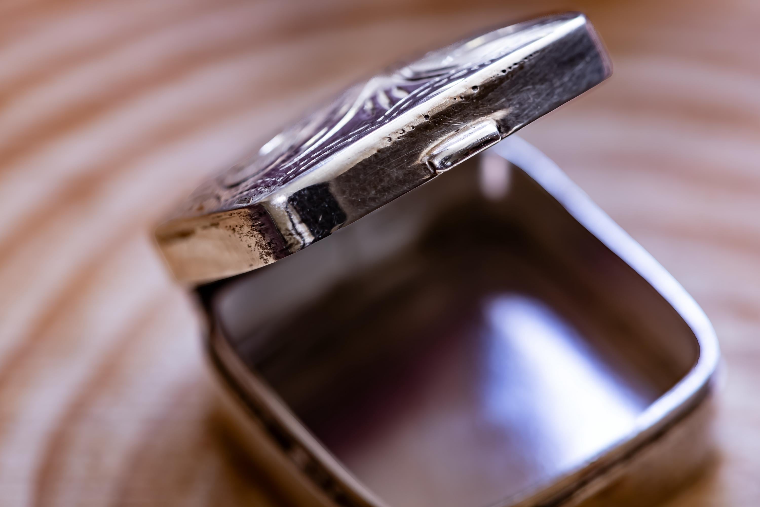 Miniature Silver Pill Box. 1x1 Engraved Botanical Pocket Curio, Victorian Apothecary Trinket.