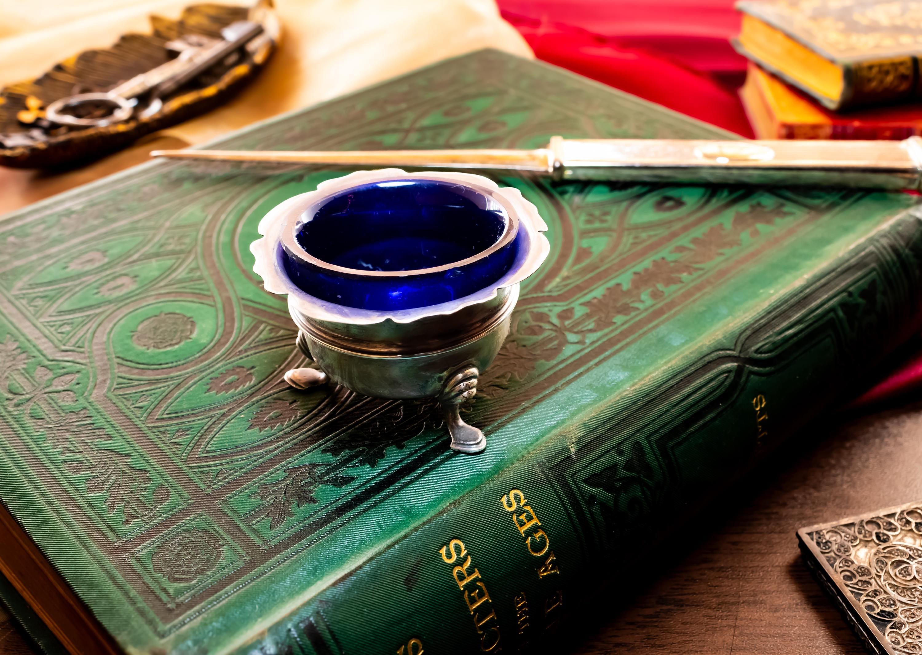 1913 Birmingham Sterling Silver Master Salt Cellar, Cobalt Blue Glass Liner, Desk Curiosity