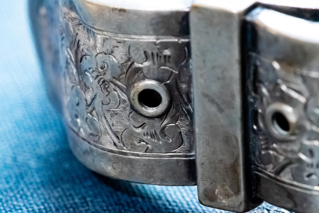 Authentic Victorian Silver Buckle Bangle, Hand-Engraved Floral Statement Jewelry
