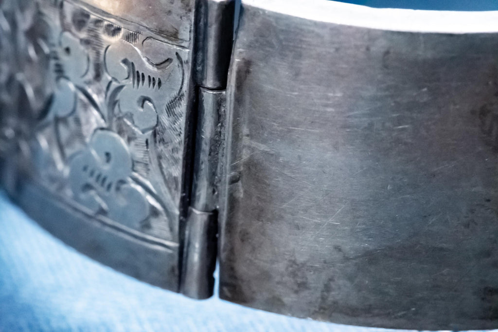 Authentic Victorian Silver Buckle Bangle, Hand-Engraved Floral Statement Jewelry
