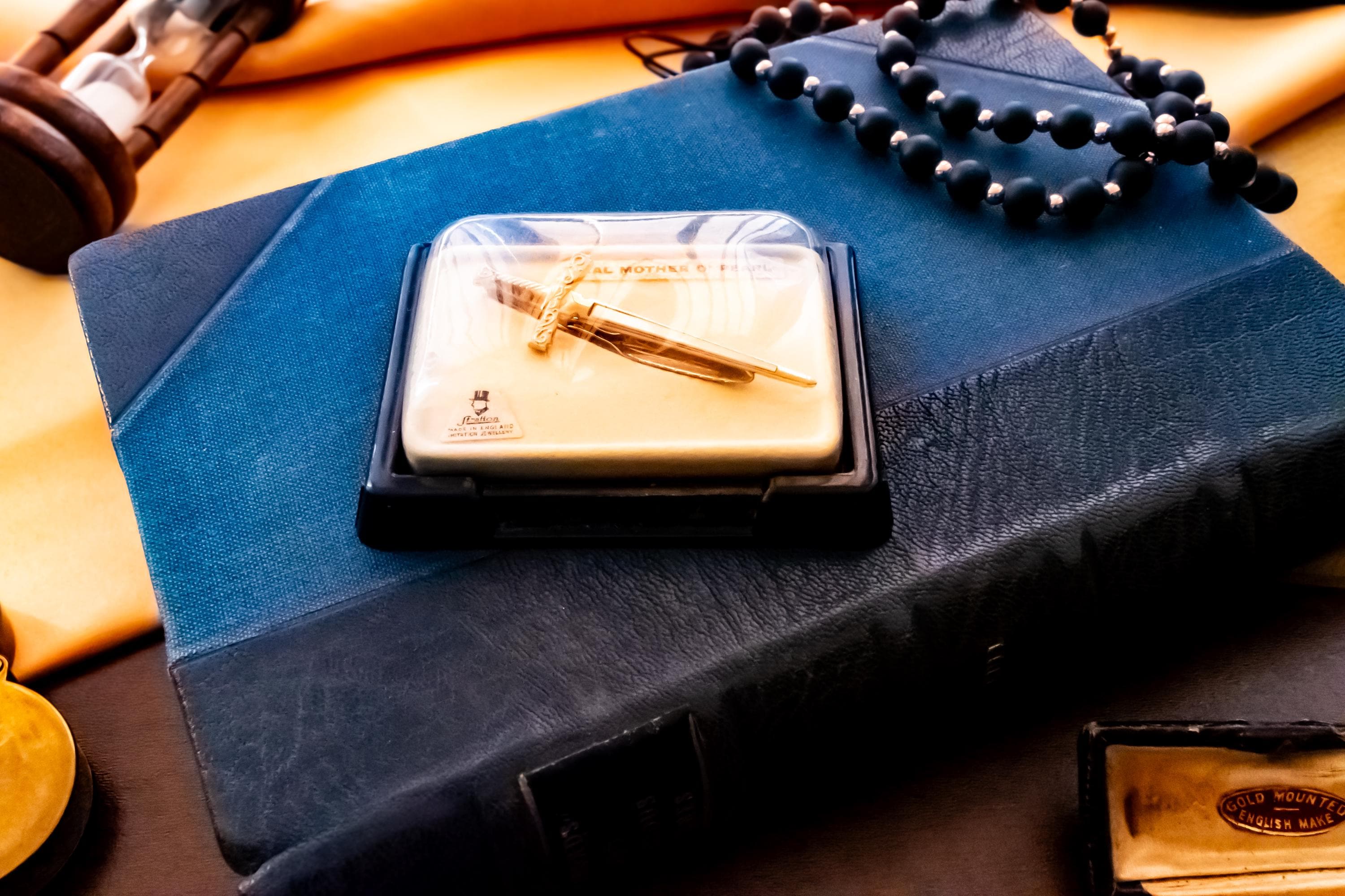 Vintage Stratton Sword Tie Clip Cufflinks Set, Mother of Pearl Gold Tone Formalwear