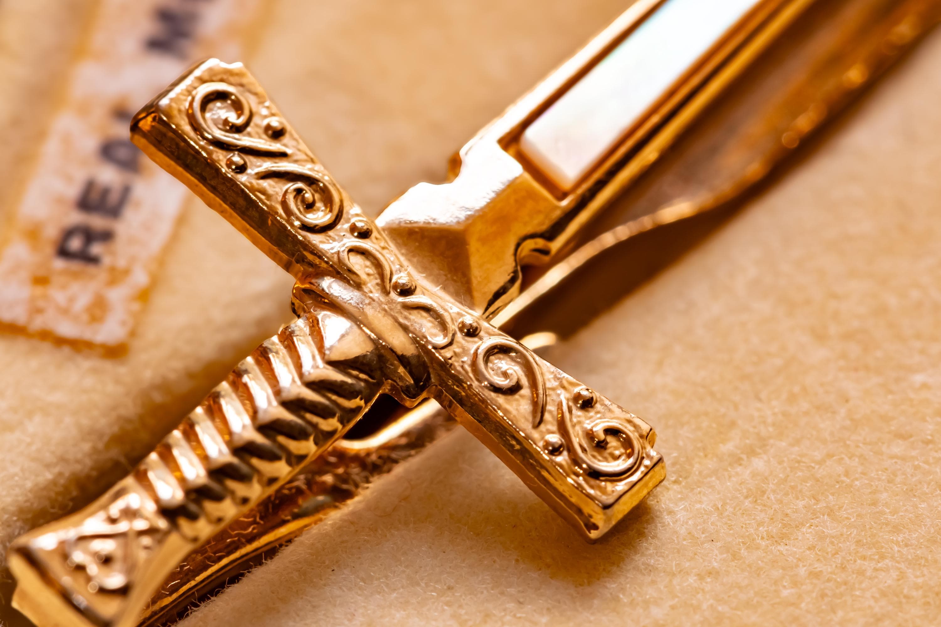 Vintage Stratton Sword Tie Clip Cufflinks Set, Mother of Pearl Gold Tone Formalwear