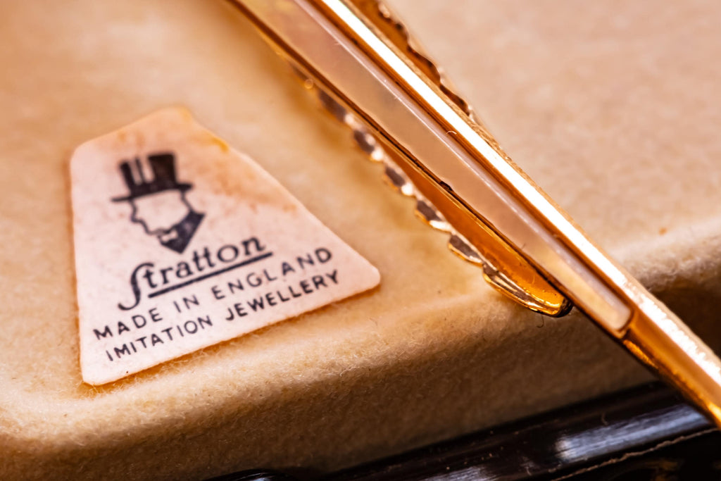 Vintage Stratton Sword Tie Clip Cufflinks Set, Mother of Pearl Gold Tone Formalwear