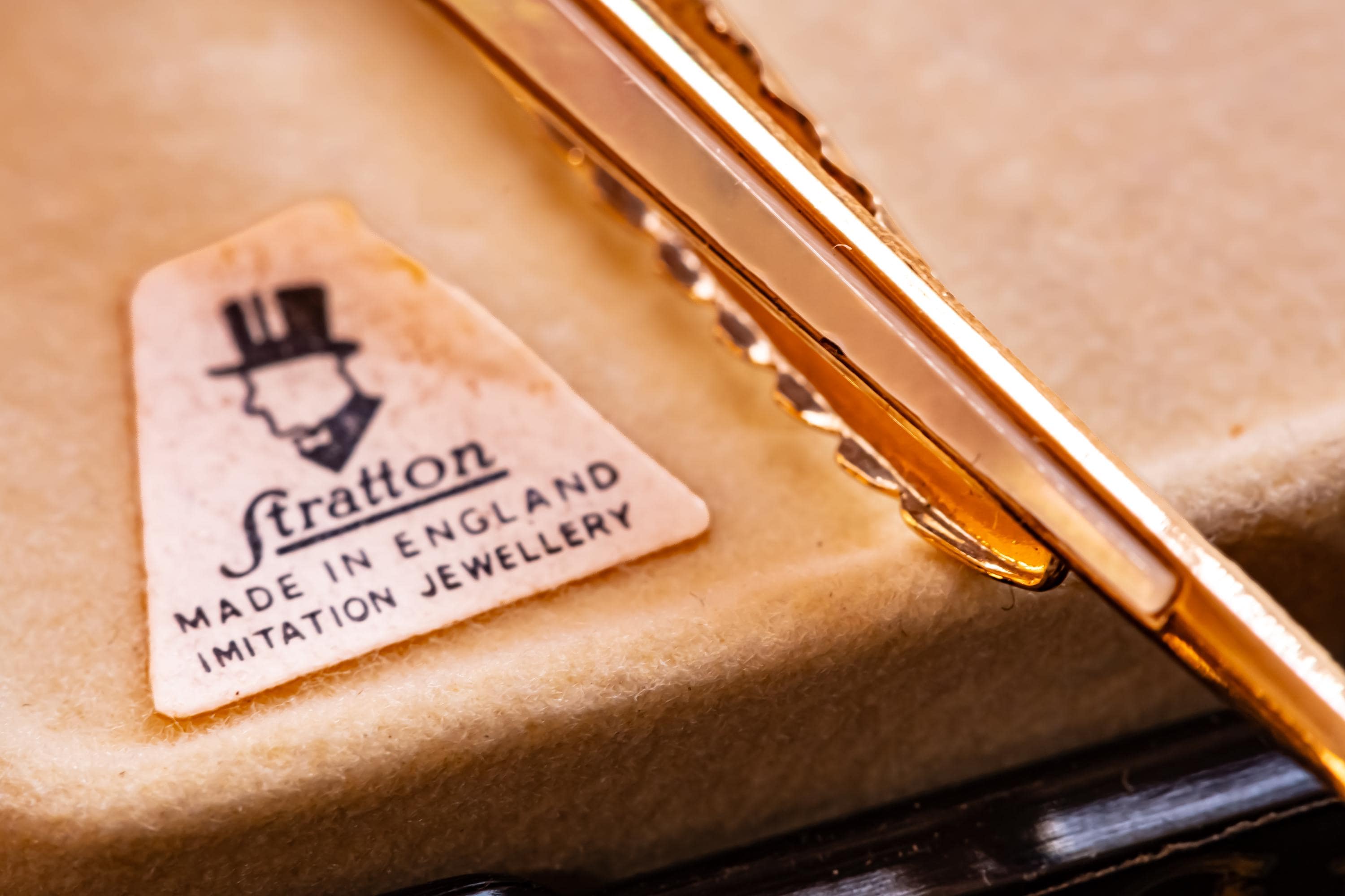 Vintage Stratton Sword Tie Clip Cufflinks Set, Mother of Pearl Gold Tone Formalwear