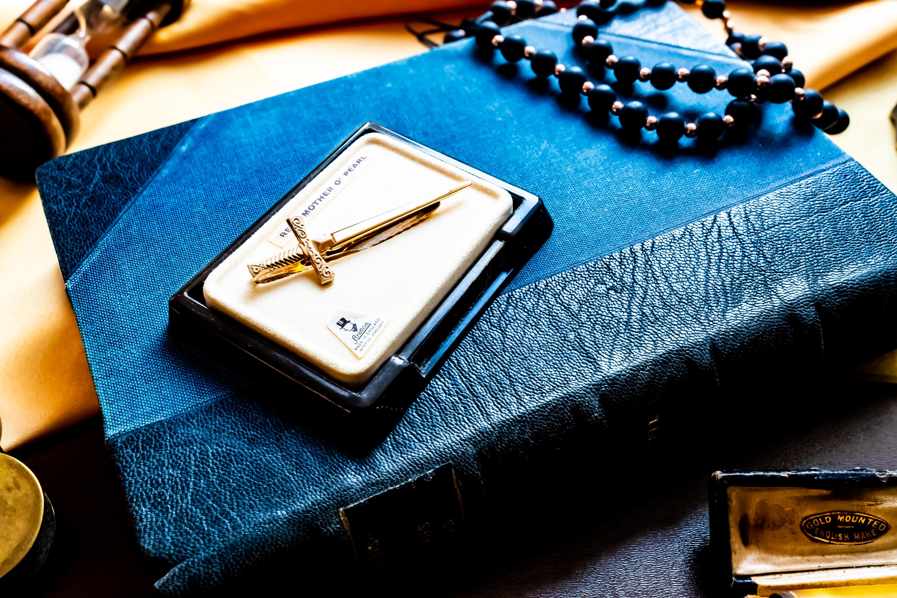 Vintage Stratton Sword Tie Clip Cufflinks Set, Mother of Pearl Gold Tone Formalwear