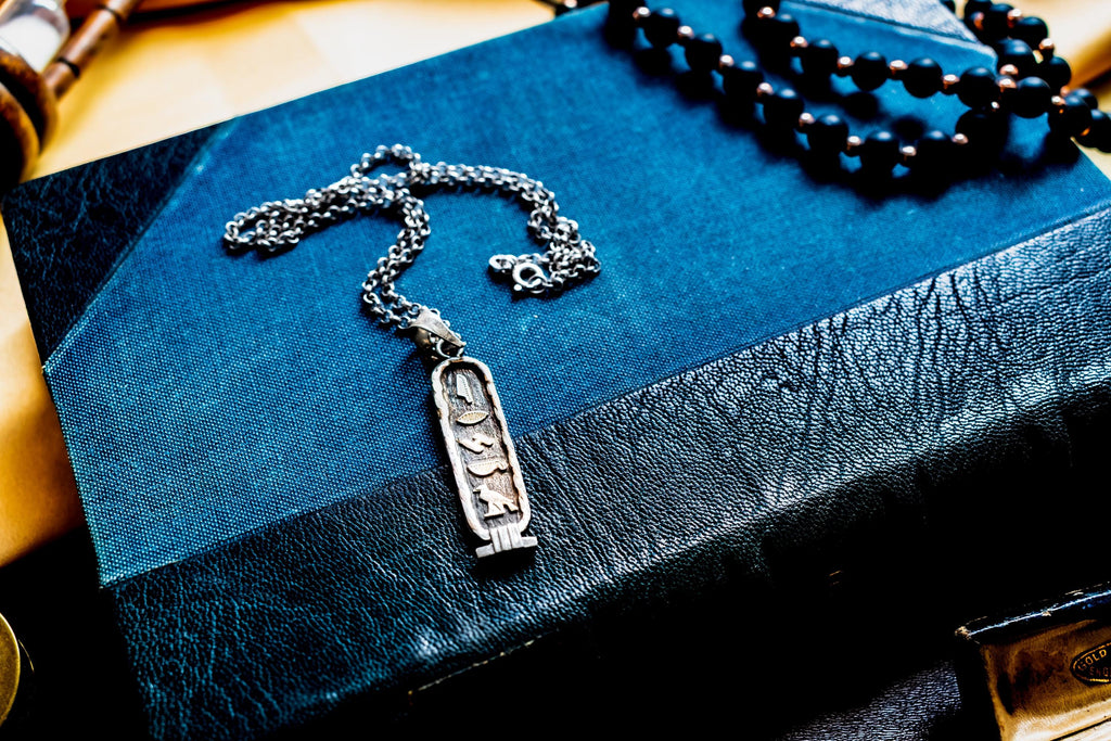 Vintage Sterling Silver Egyptian Cartouche Necklace, Oxidized Hieroglyph Amulet, Dark Academia Talisman.