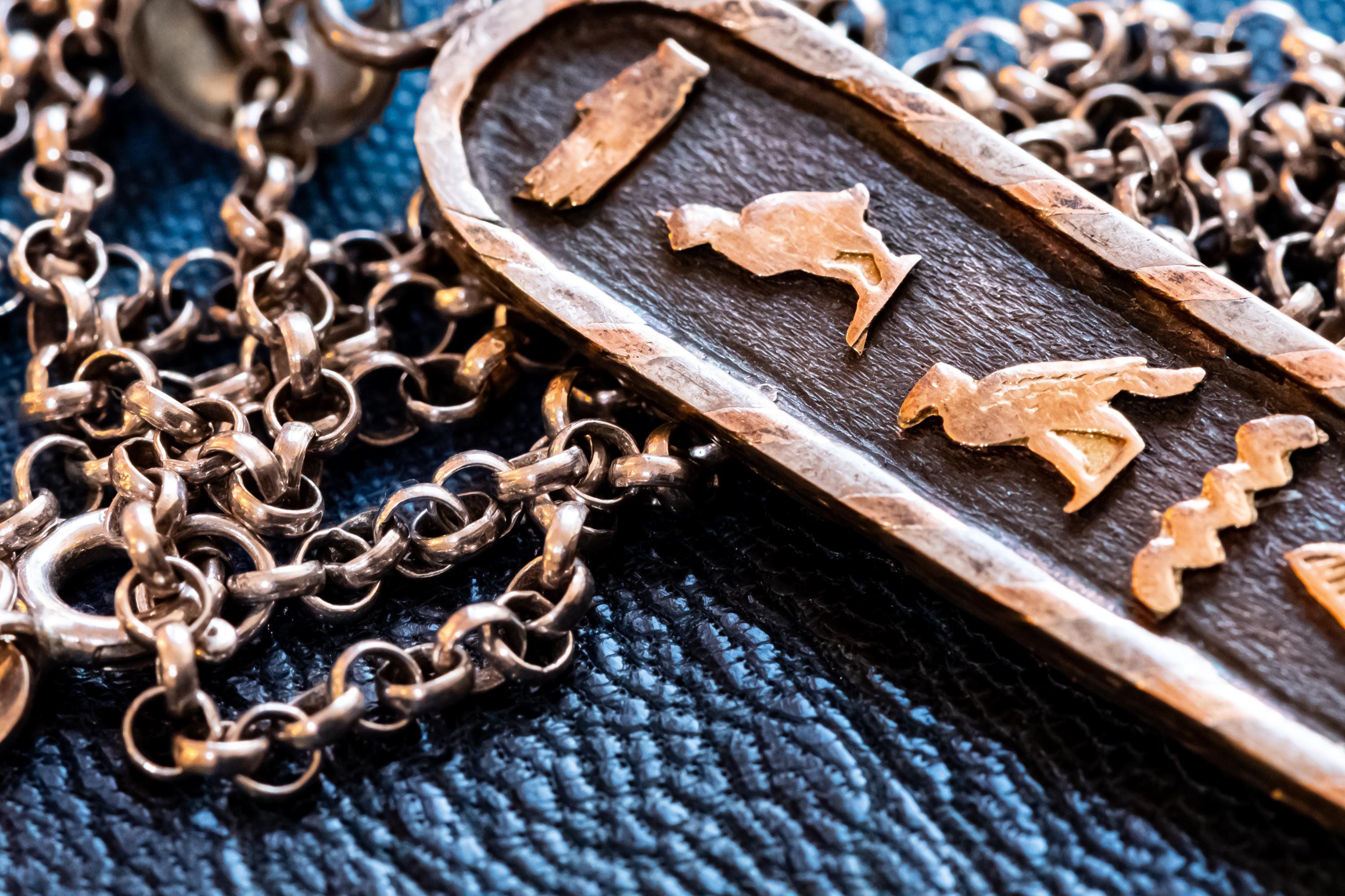 Vintage Sterling Silver Egyptian Cartouche Necklace, Oxidized Hieroglyph Amulet, Dark Academia Talisman.