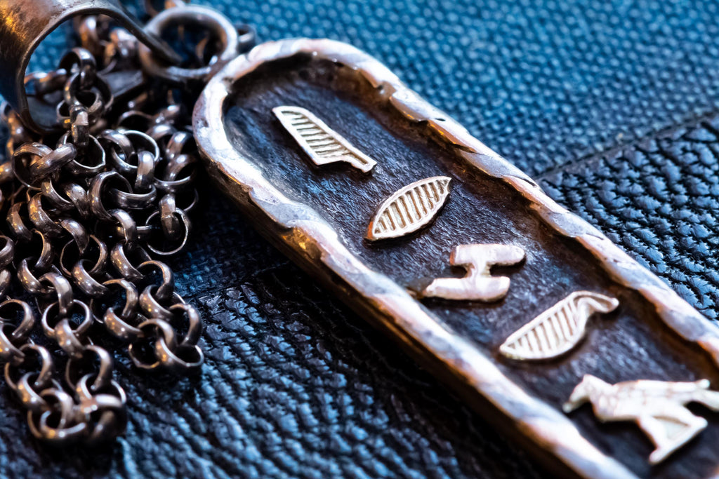 Vintage Sterling Silver Egyptian Cartouche Necklace, Oxidized Hieroglyph Amulet, Dark Academia Talisman.