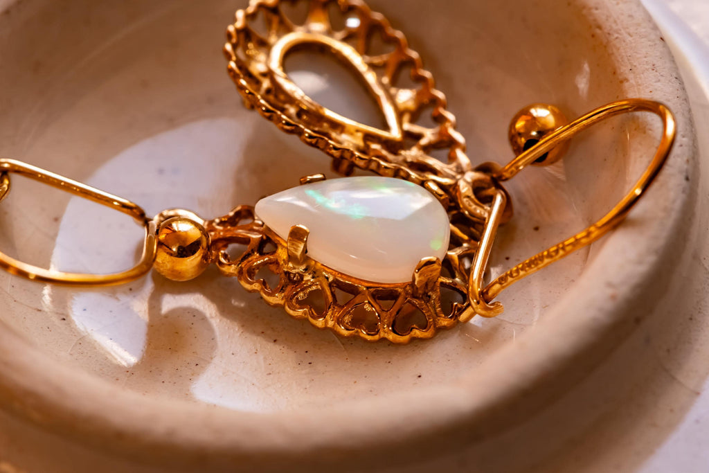 14ct Gold Opal Teardrop Earrings. Delicate Filigree Dangle, Dark Academia Vintage Style, Shadow and Silver Victorian Aesthetic.
