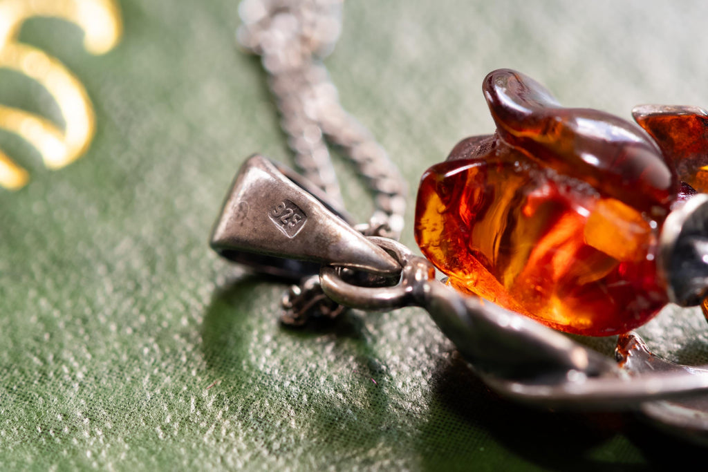 Vintage Baltic Amber Rose Pendant Necklace. 925 Sterling Silver Floral Botanical Jewelry, Dark Academia Heirloom, Victorian Style Amber.