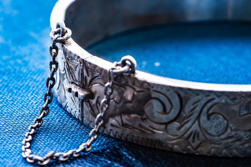 Vintage 1979 Sheffield Sterling Silver Cuff. Engraved Hallmarked Bangle with Safety Chain, Dark Academia Heirloom Jewelry.