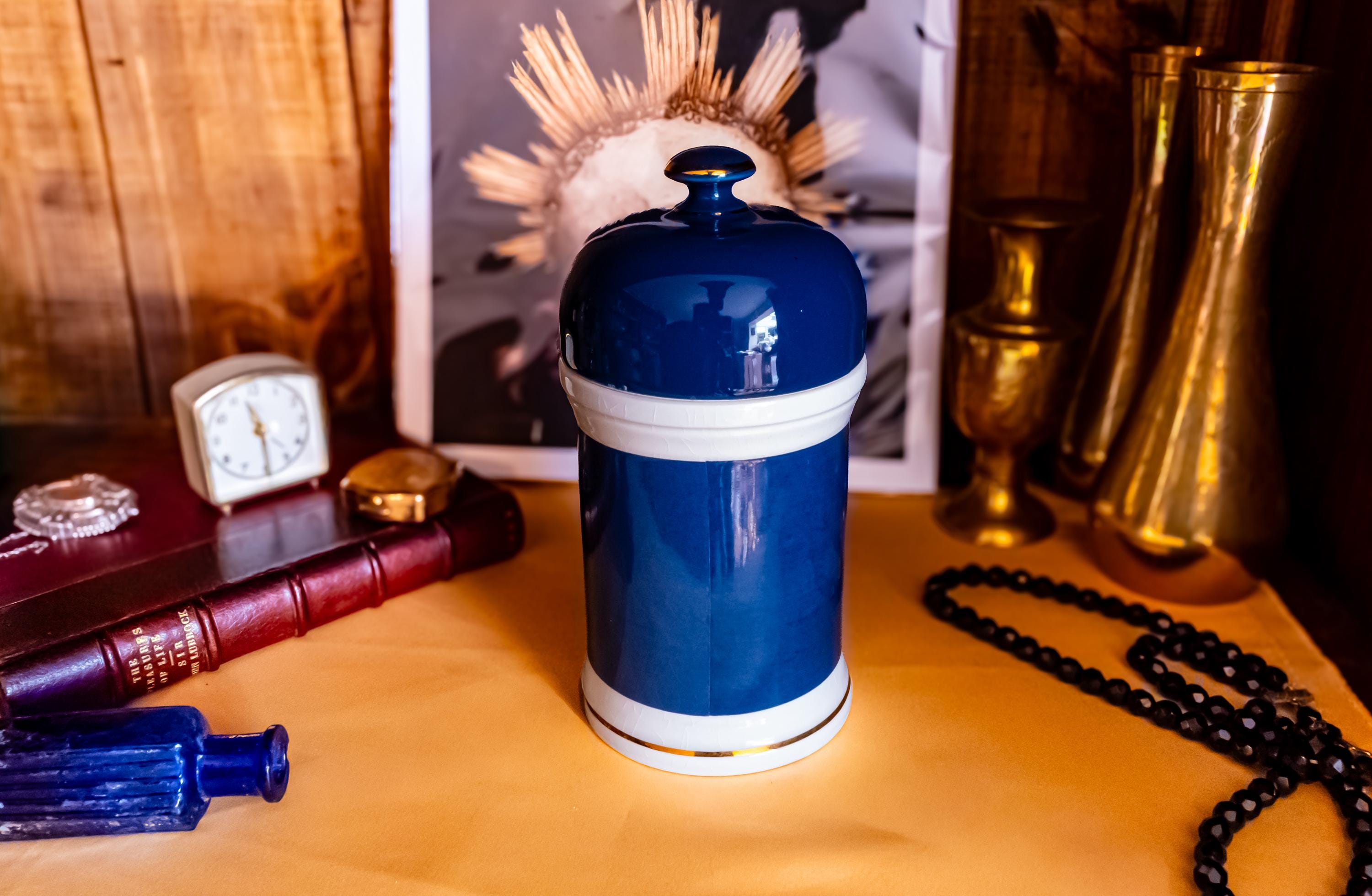 Chaldean Ltd Porcelain Apothecary Jar, Gladstone Pottery Museum, Antique Cobalt Pharmacy Canister, The Alchemist Shelf.