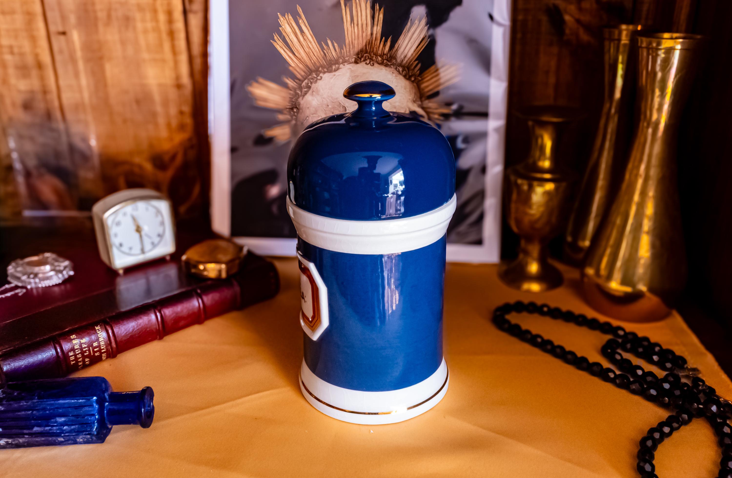 Chaldean Ltd Porcelain Apothecary Jar, Gladstone Pottery Museum, Antique Cobalt Pharmacy Canister, The Alchemist Shelf.