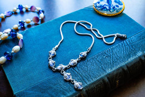 925 Sterling Silver Blue Cat's Eye Cabochon Y-Drop Lariat Necklace, Vintage