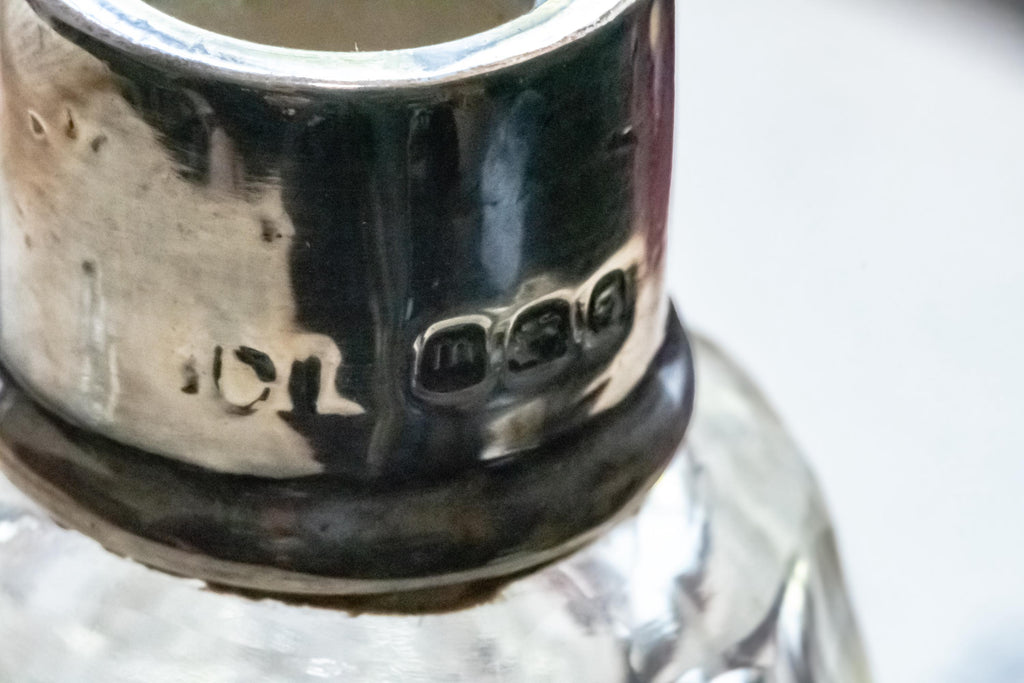 1927 Antique Sterling Silver & Cut Glass Scent Bottle Decanter, London Hallmarked
