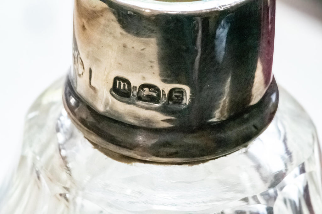 1927 Antique Sterling Silver & Cut Glass Scent Bottle Decanter, London Hallmarked
