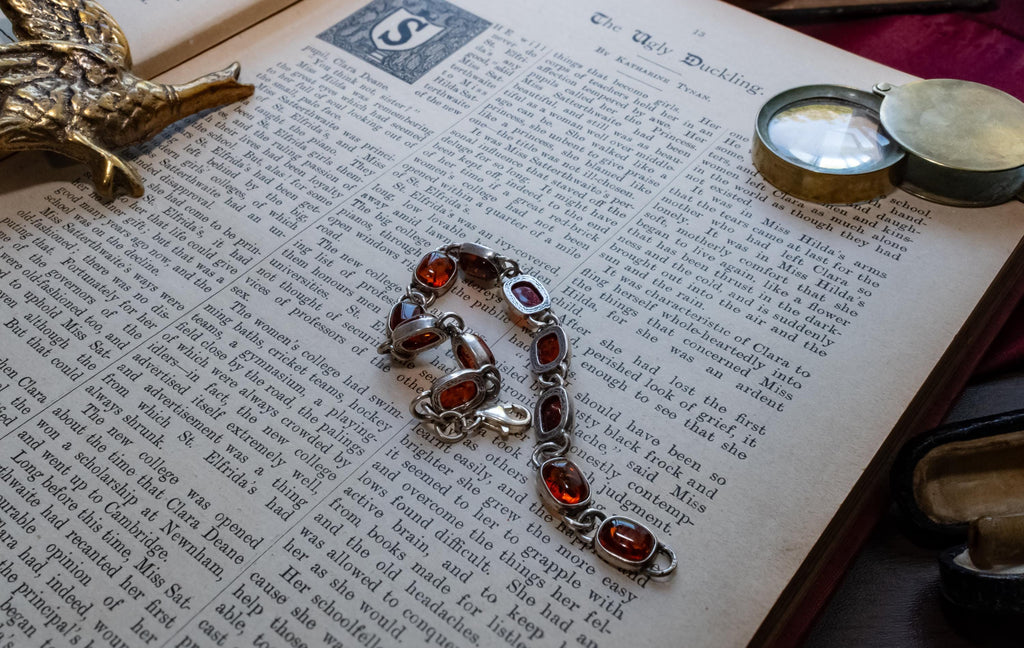 925 Sterling Silver Cognac Baltic Amber Cabochon Link Bracelet, Vintage