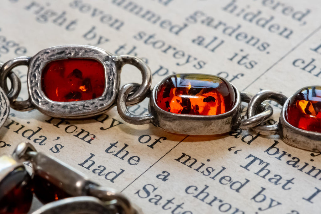 925 Sterling Silver Cognac Baltic Amber Cabochon Link Bracelet, Vintage