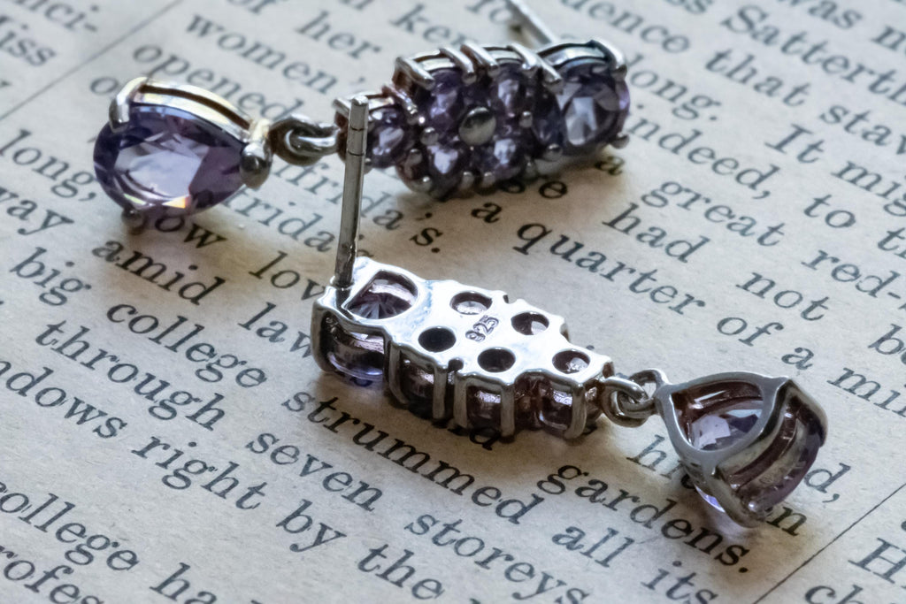 Vintage 925 Sterling Silver Amethyst Stud Earrings, Dark Academia Jewellery