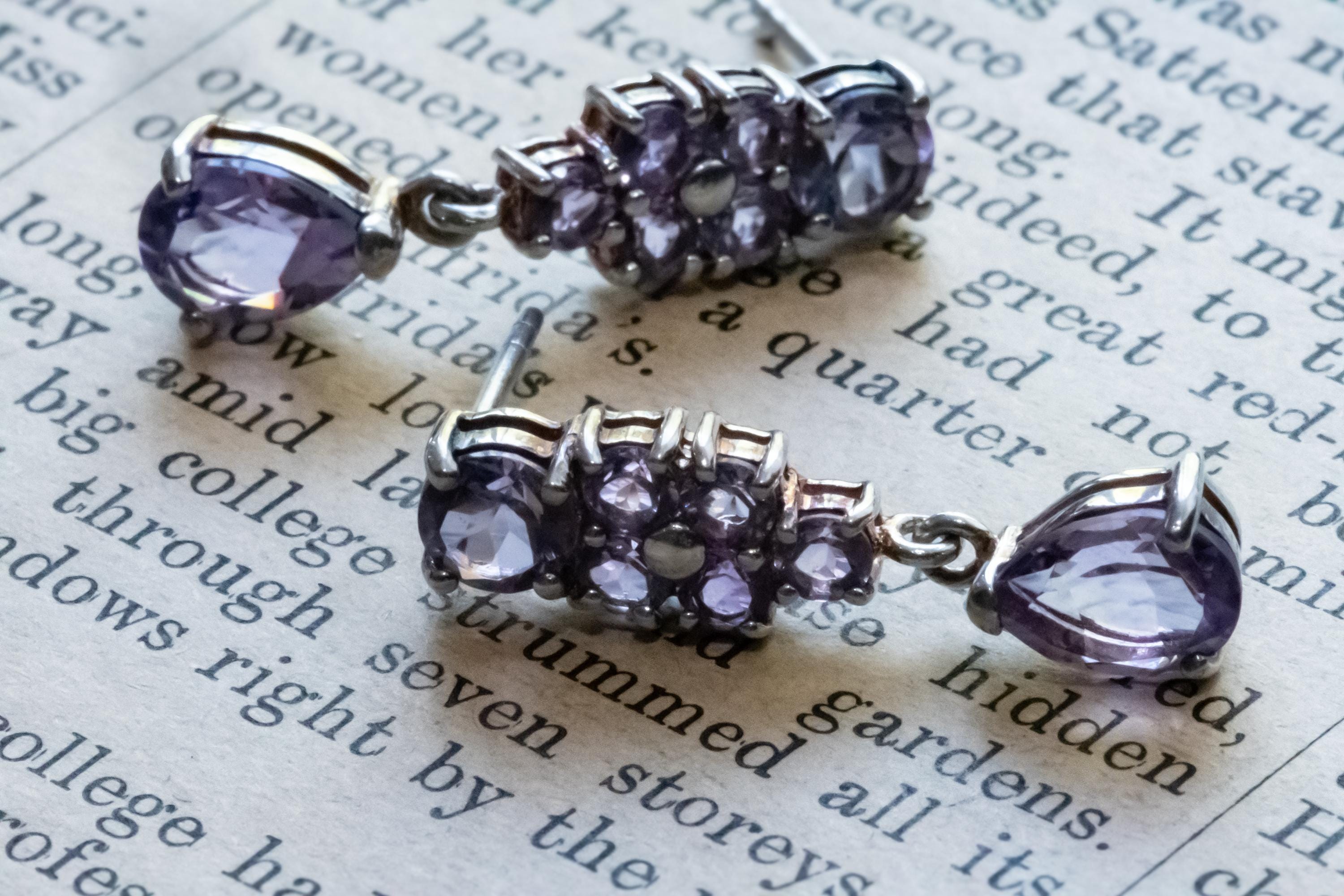 Vintage 925 Sterling Silver Amethyst Stud Earrings, Dark Academia Jewellery