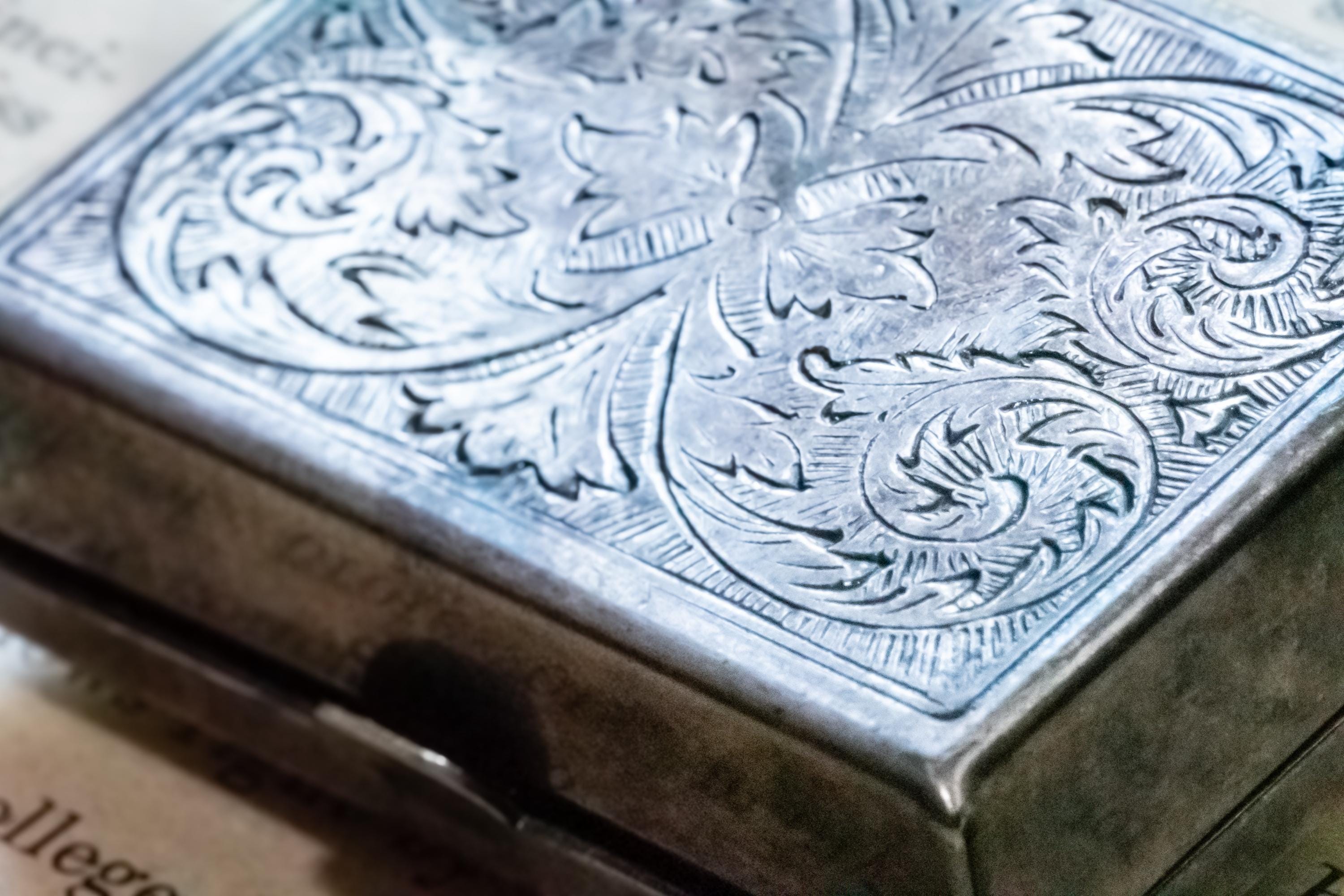 925 Sterling Silver Pierced Floral Lid Blue Rhinestone Trinket Box, Vintage