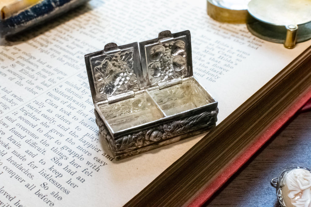 Antique Silver Double-Compartment Repousse Trinket Box, Fruit & Vine Panels, Botanical Sides, Excellent