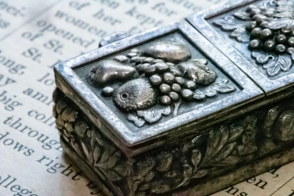 Antique Silver Double-Compartment Repousse Trinket Box, Fruit & Vine Panels, Botanical Sides, Excellent