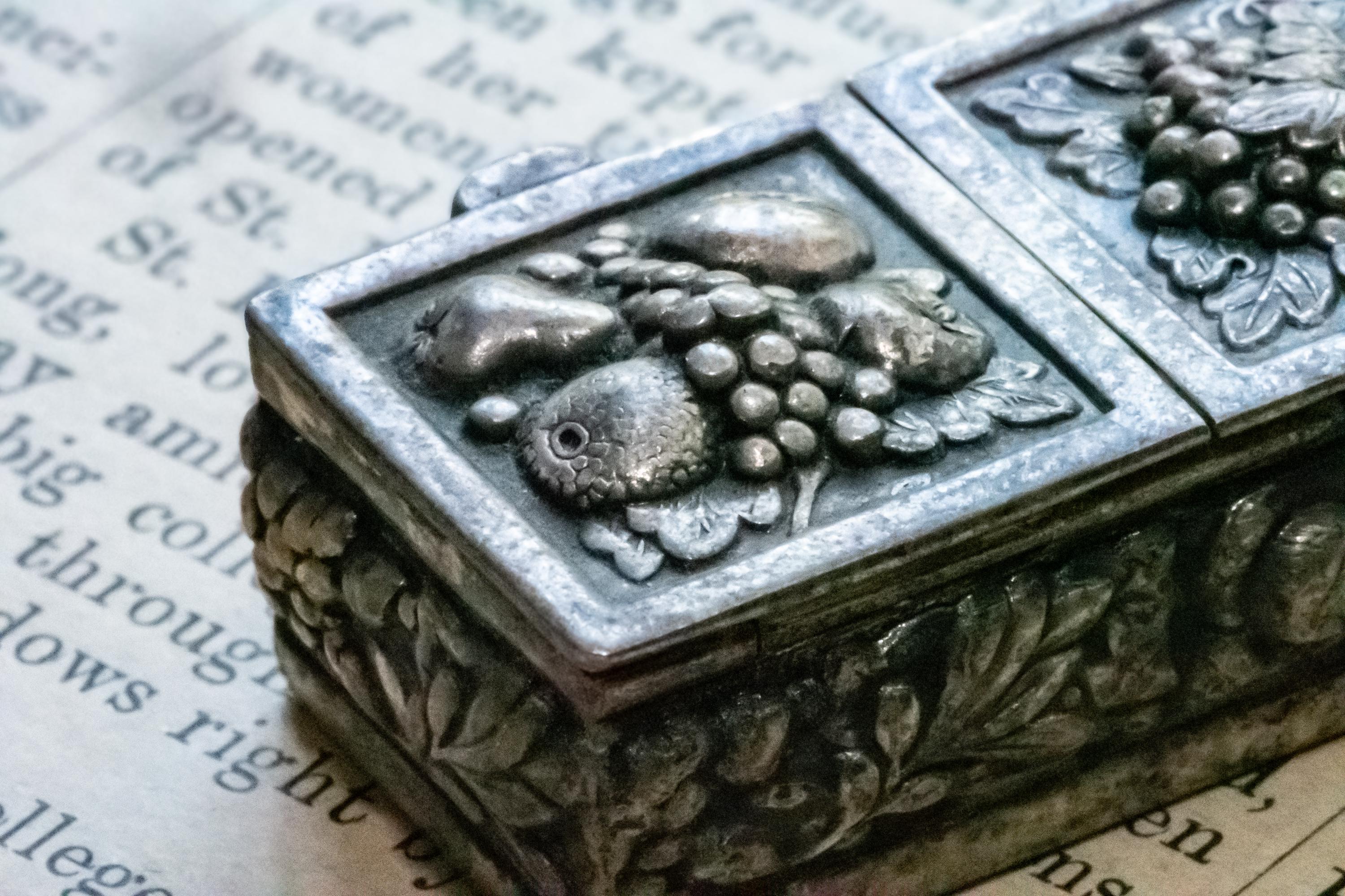 Antique Silver Double-Compartment Repousse Trinket Box, Fruit & Vine Panels, Botanical Sides, Excellent