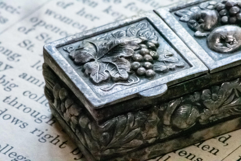 Antique Silver Double-Compartment Repousse Trinket Box, Fruit & Vine Panels, Botanical Sides, Excellent