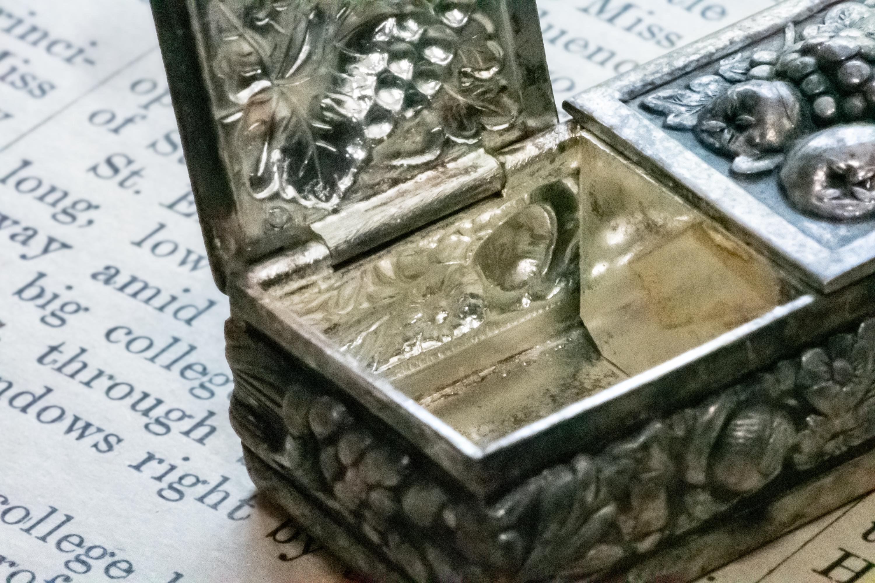 Antique Silver Double-Compartment Repousse Trinket Box, Fruit & Vine Panels, Botanical Sides, Excellent