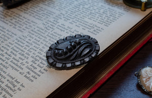 Antique Victorian Vulcanite Carved Lily of the Valley Brooch, c.1880, Mourning Jewellery, Excellent