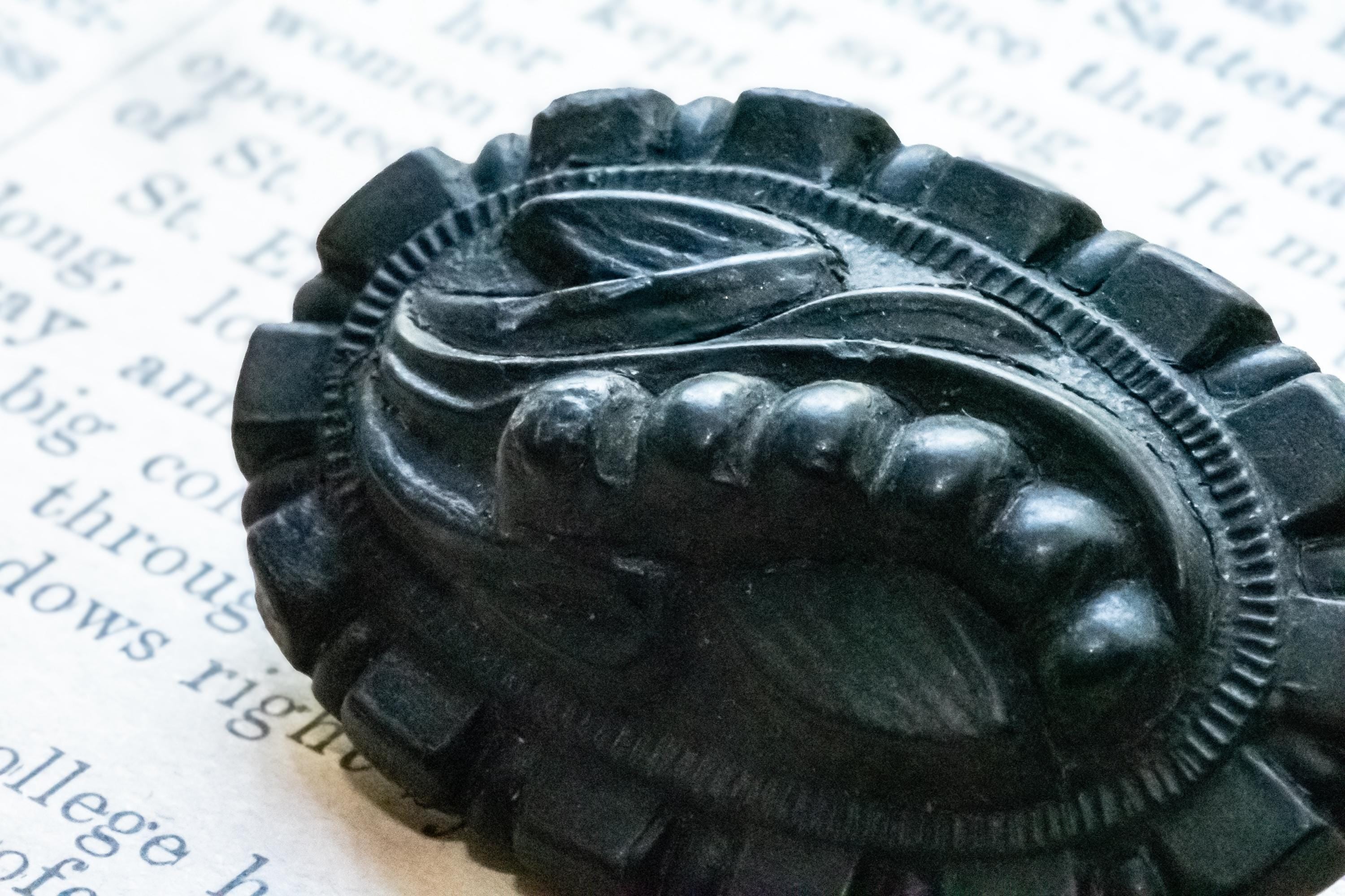 Antique Victorian Vulcanite Carved Lily of the Valley Brooch, c.1880, Mourning Jewellery, Excellent