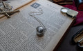 An antique silver ribbed sphere locket resting on an open vintage book. The first image shows the locket closed as a solid ball. The second image shows the locket mechanically unfolded into an accordion of six circular picture frames, lying across the text.