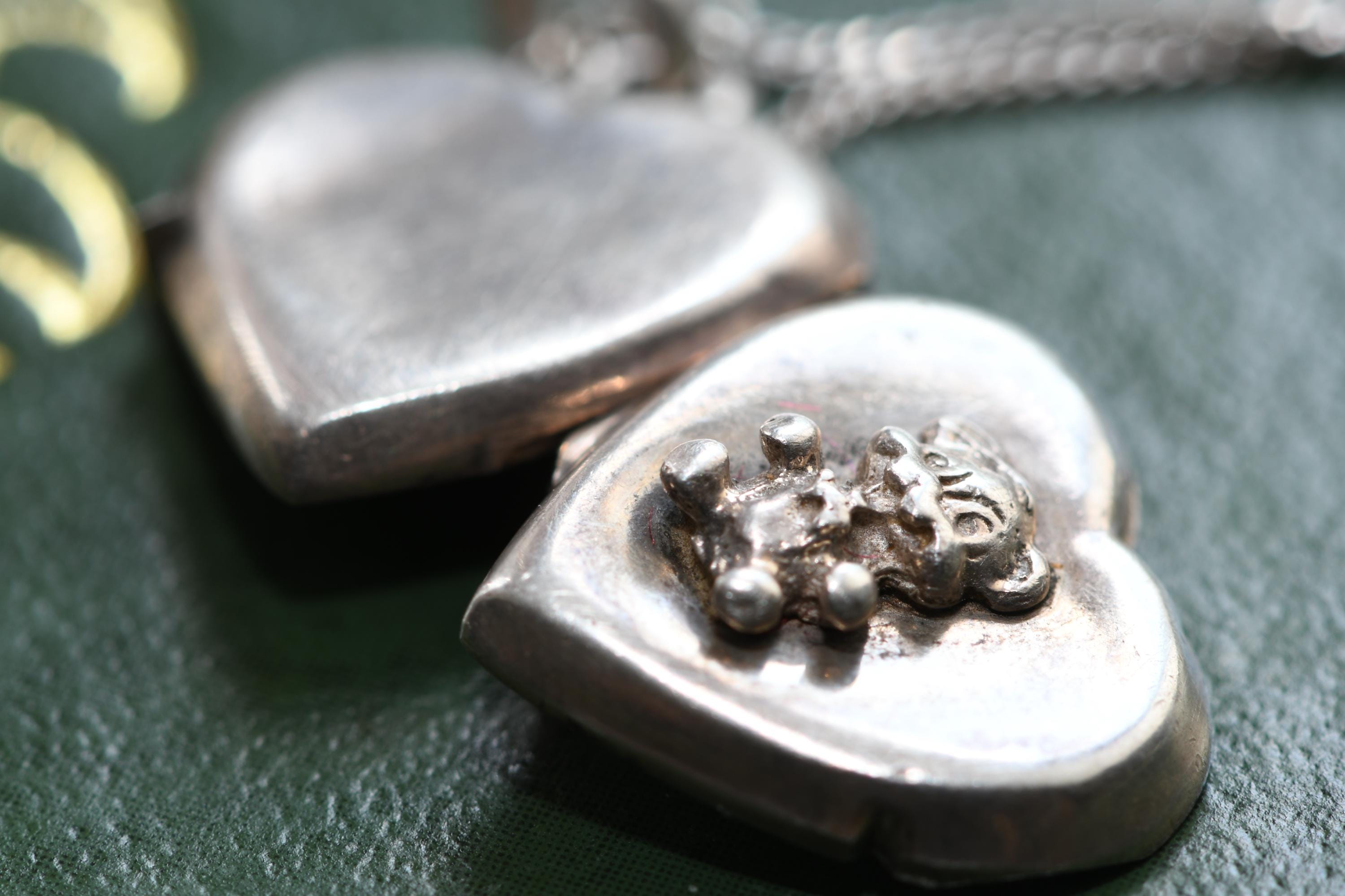 Sterling Silver Heart Locket Necklace, Teddy Bear Embossed Pendant, Vintage Keepsake Jewelry