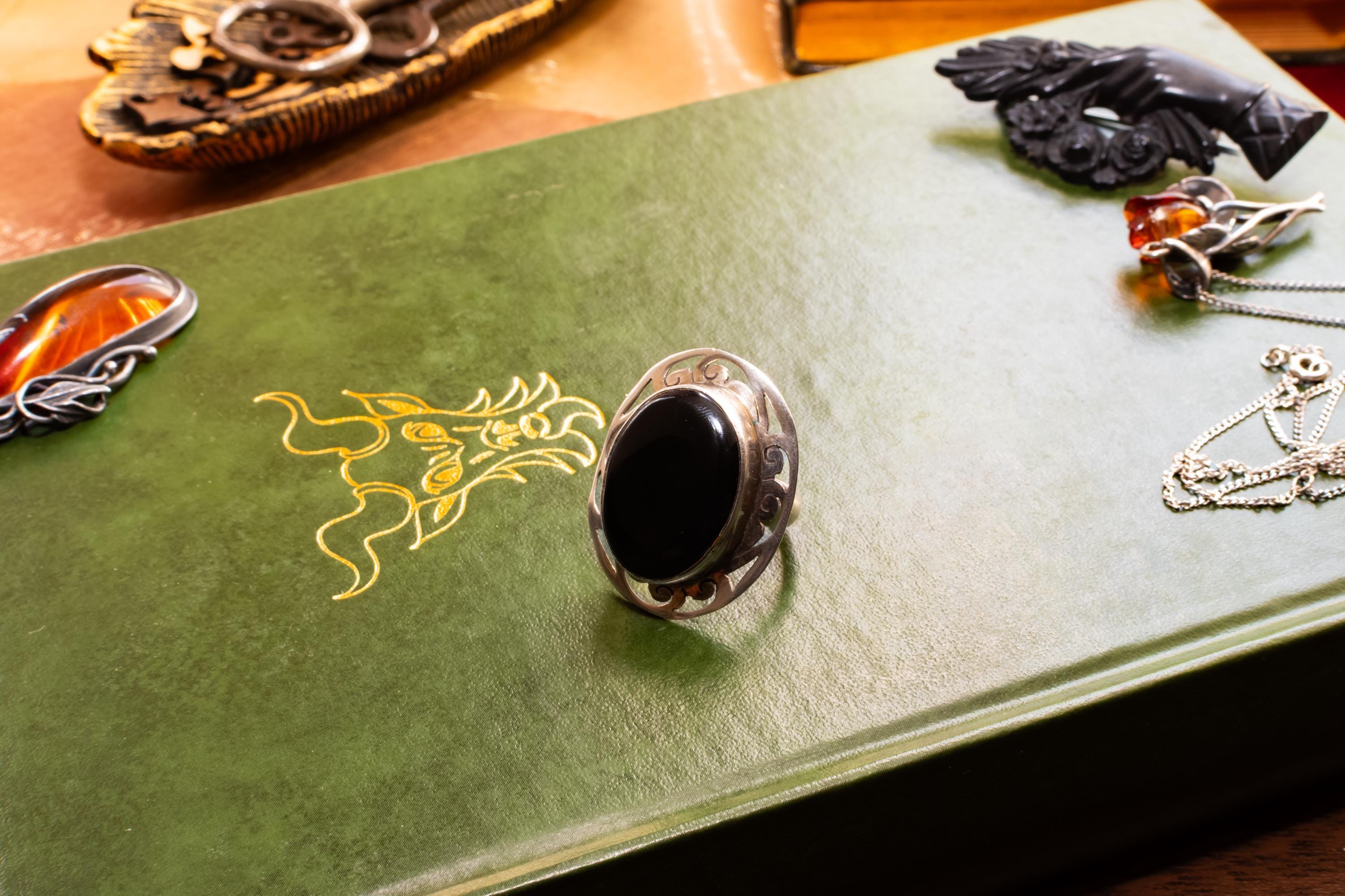 Large Sterling Silver Black Onyx Oval Statement Ring, Gothic Openwork Scroll Frame