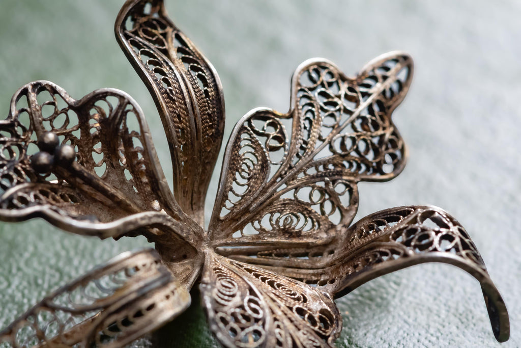 Antique Silver Filigree Flower Brooch | 833 Silver Insect Pin | Nocturnal Talisman | Shadow and Silver Dark Academia Jewelry
