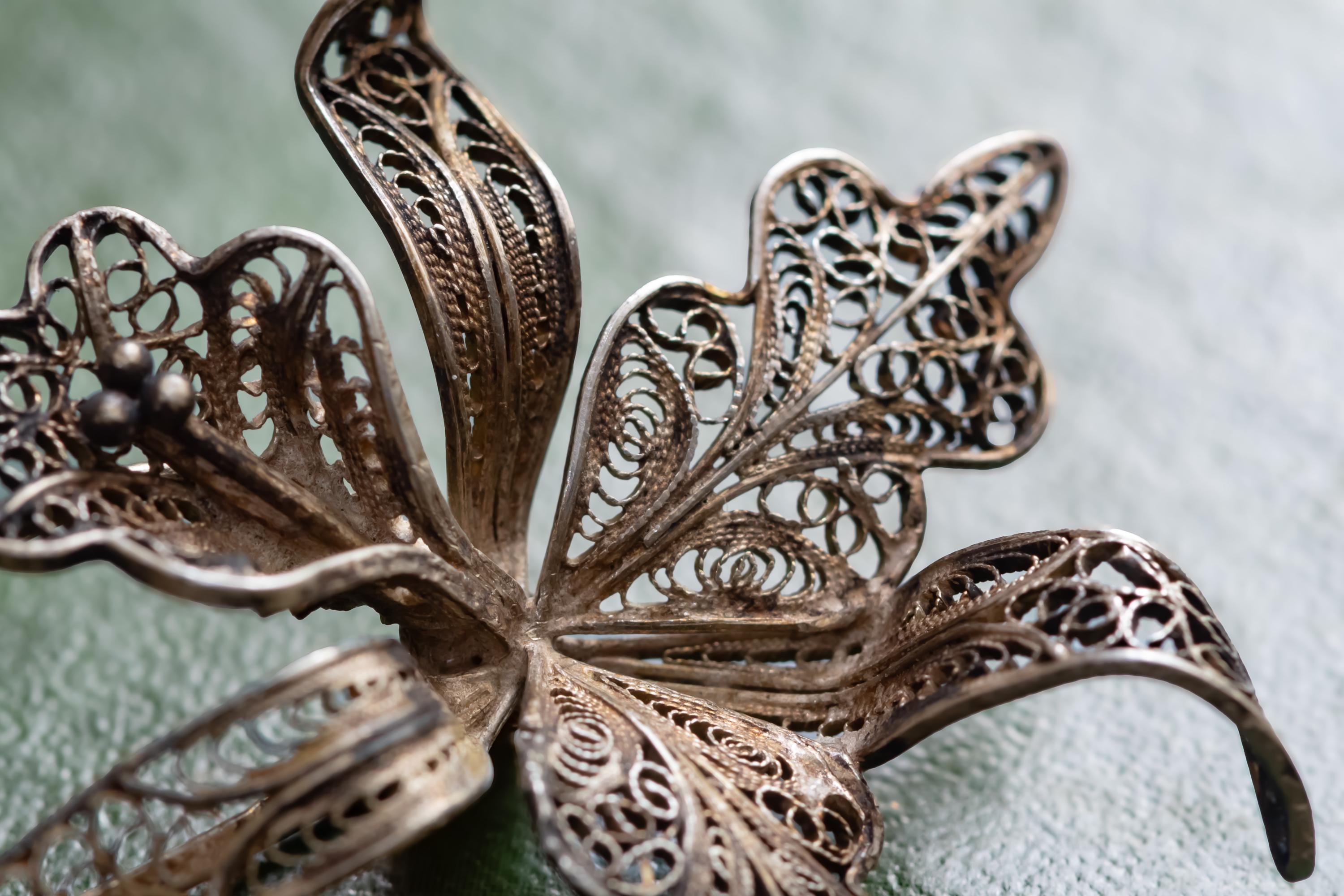 Antique Silver Filigree Flower Brooch | 833 Silver Insect Pin | Nocturnal Talisman | Shadow and Silver Dark Academia Jewelry