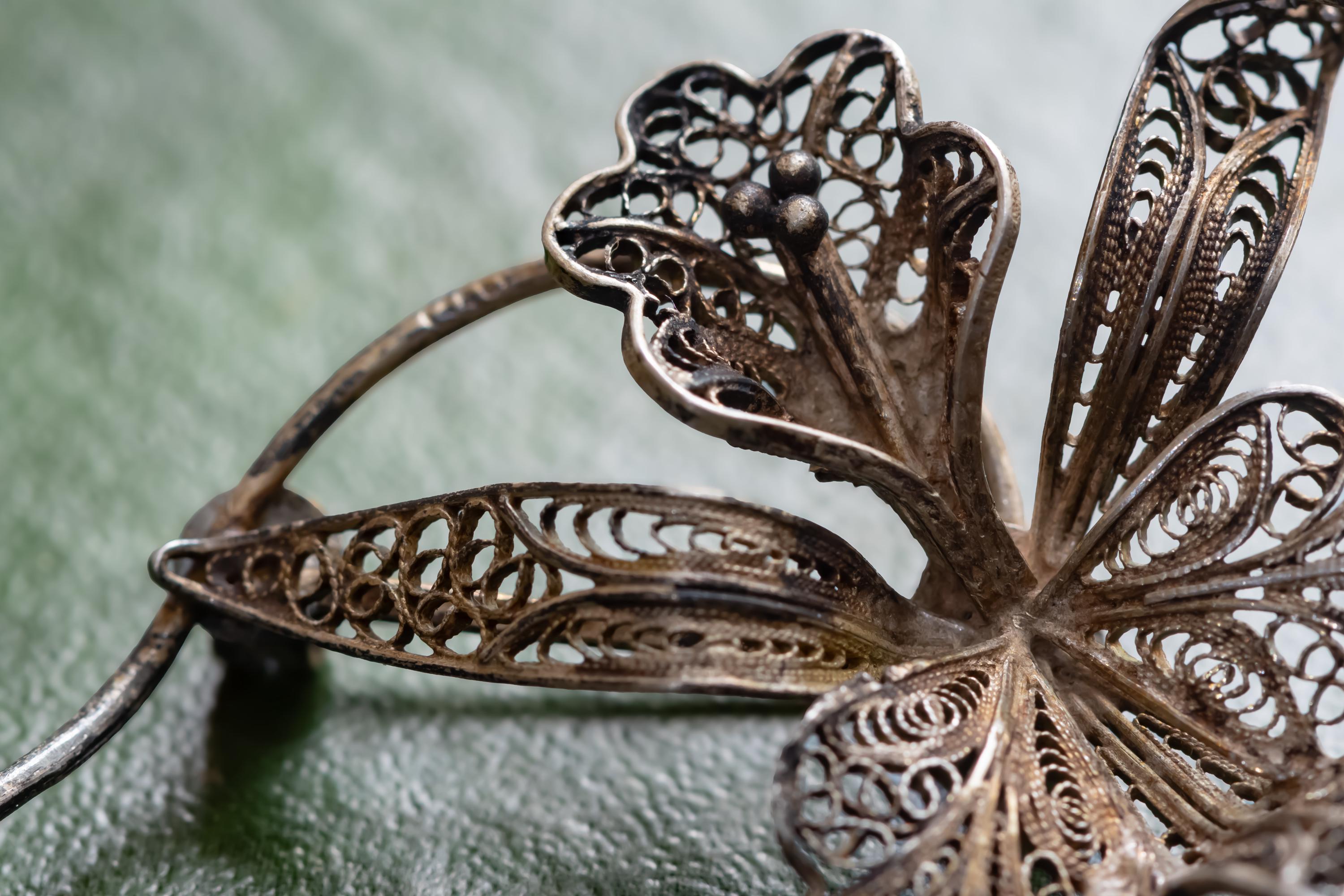 Antique Silver Filigree Flower Brooch | 833 Silver Insect Pin | Nocturnal Talisman | Shadow and Silver Dark Academia Jewelry